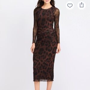Nine Britton Brown Leopard Long Sleeve Fitted Mesh Dress